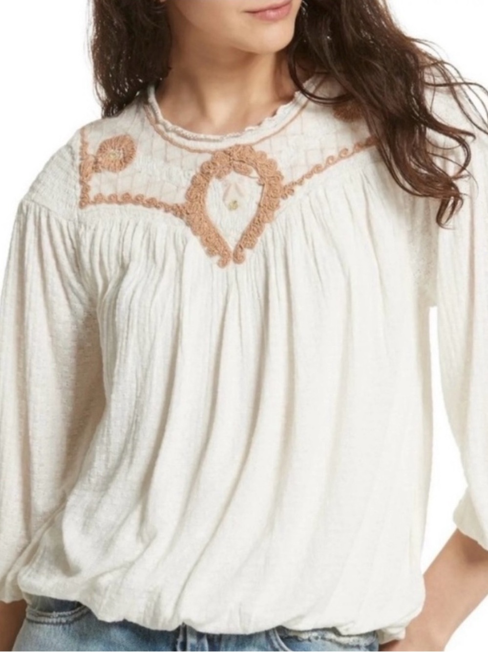 Free People Seersucker Knit Embroidered Boho Blouse Ivory | Size Small | Flawed
